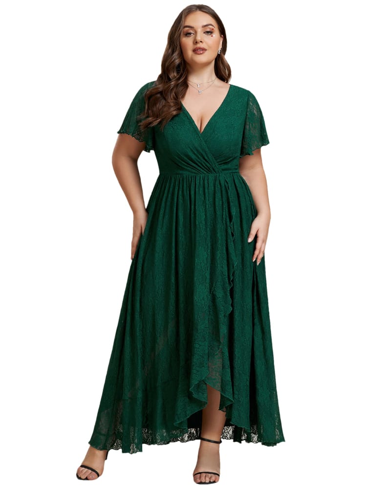 Front of a model wearing a size 26 Short Sleeve Ruffled V-Neck A-Line Lace Evening Dress in Dark Green by Ever-Pretty. | dia_product_style_image_id:304563